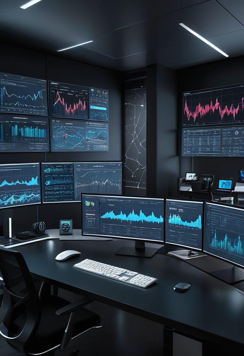 A sleek and modern workspace with a high-tech computer setup, showcasing VSNi software on the screens. Include charts, graphs, and data analysis visualizations prominently displayed on multiple monitors. The backdrop should feature abstract representations of data streams and code. Light futuristic elements, with a professional ambiance. super-realistic. vibrant colors.