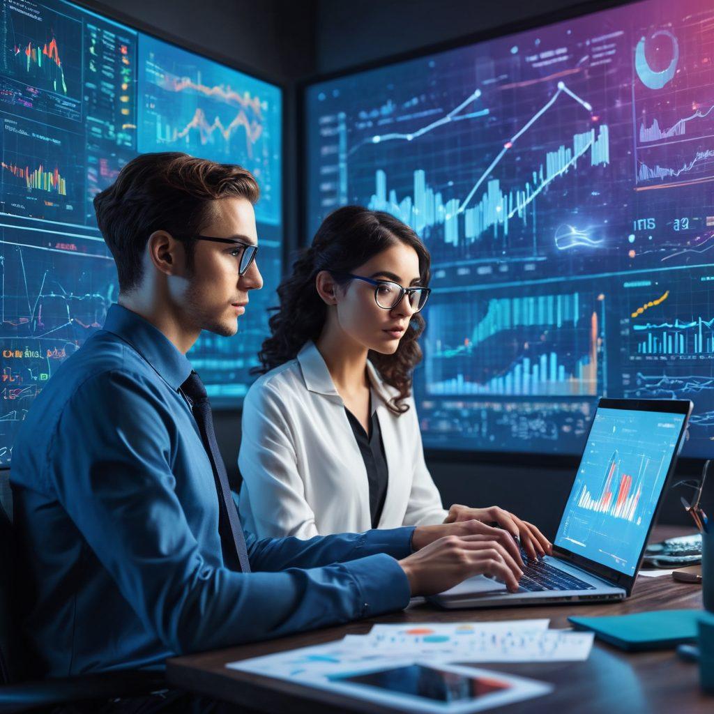 A person intently working on a laptop with various advanced analytical tools and graphs displayed on the screen, surrounded by virtual floating data points, charts, and equations in a futuristic style. The setting is a modern, tech-savvy workspace with a focus on innovation and precision. painting. vibrant colors. 3D.