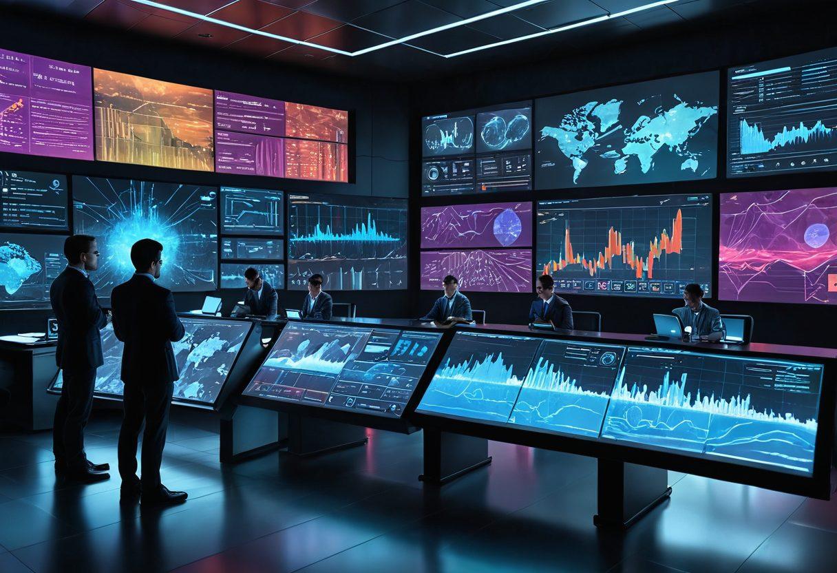 A futuristic, high-tech control room with massive holographic screens displaying interactive big data visualizations and analytical graphs, all powered by VSNi solutions. Technicians in sleek attire analyze data in a dynamic and engaging environment filled with vibrant colors and intricate details. 3D. super-realistic. vibrant colors.